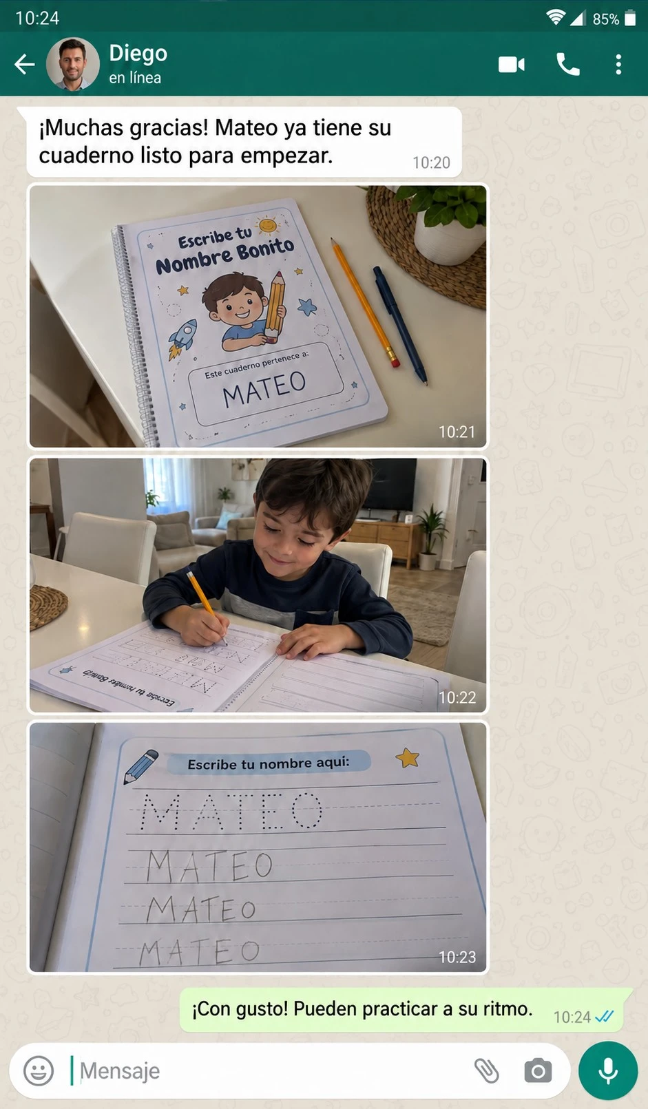 Conversación ficticia de Diego, identificada como contenido generado con IA