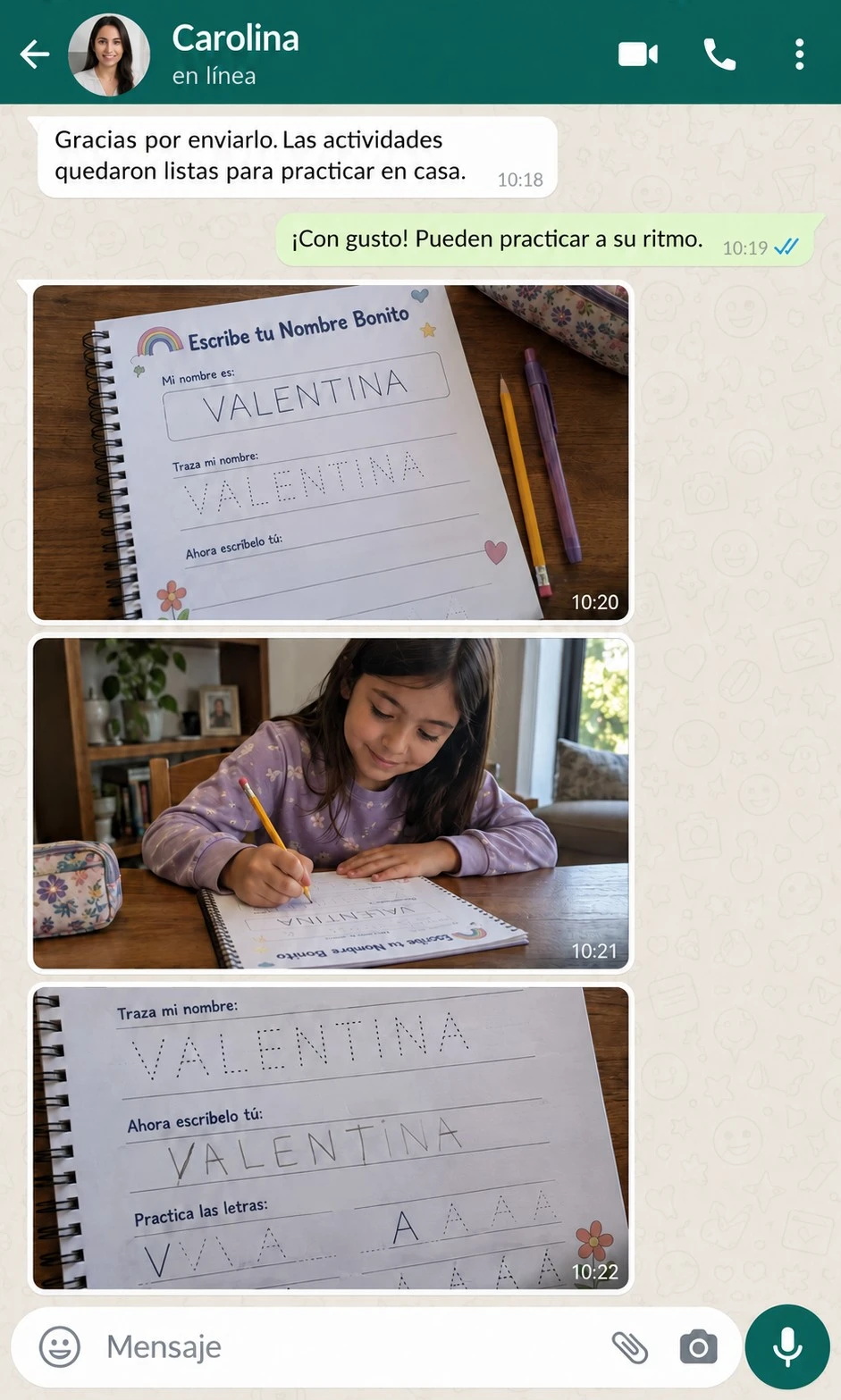 Conversación ficticia de Carolina, identificada como contenido generado con IA