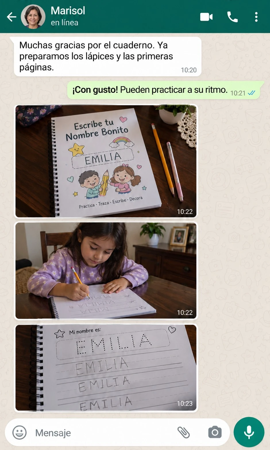 Conversación ficticia de Marisol, identificada como contenido generado con IA