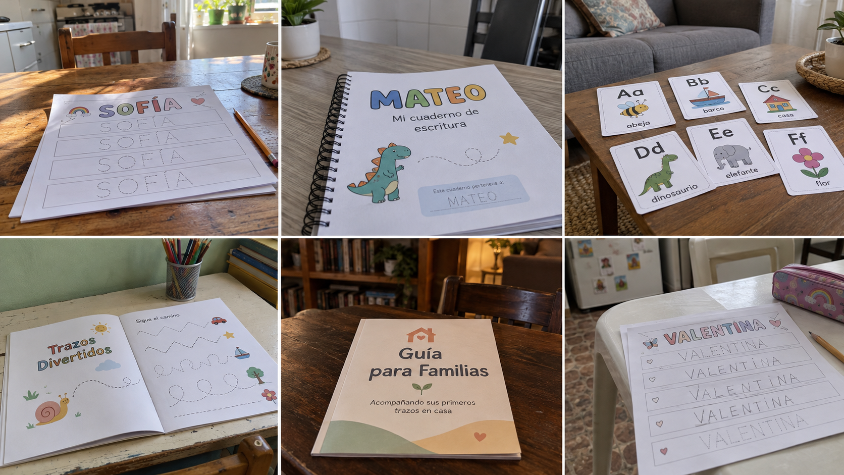 Seis ejemplos ilustrativos de cuadernos, tarjetas y actividades impresas en casa