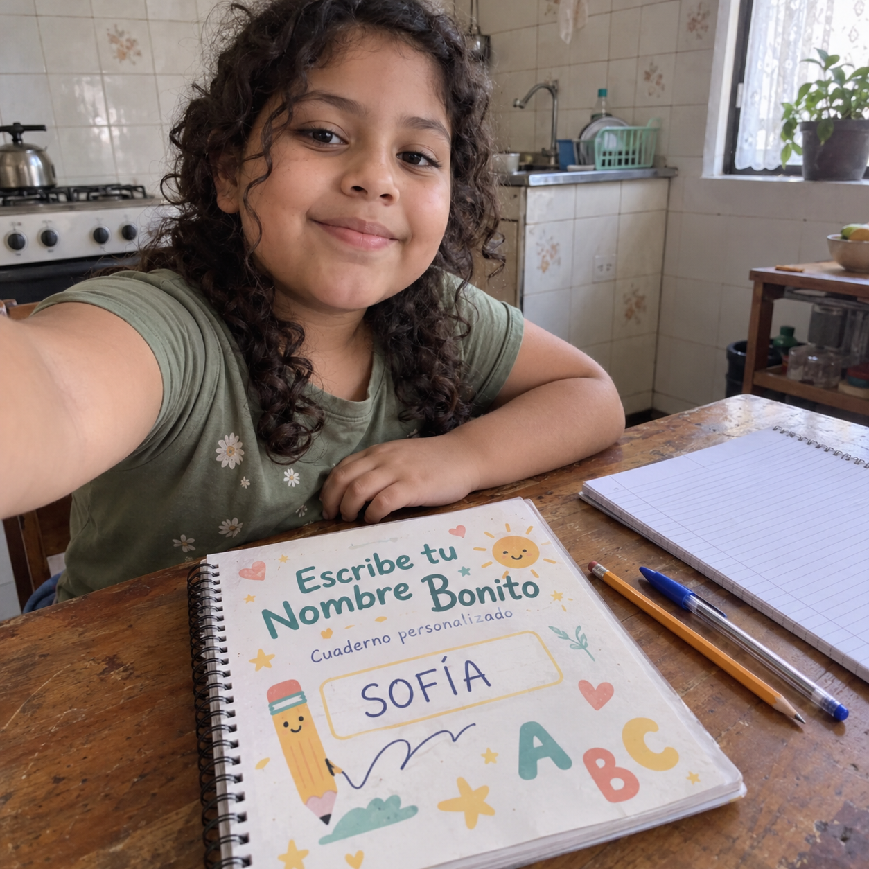 Escena ilustrativa con el cuaderno de Sofía